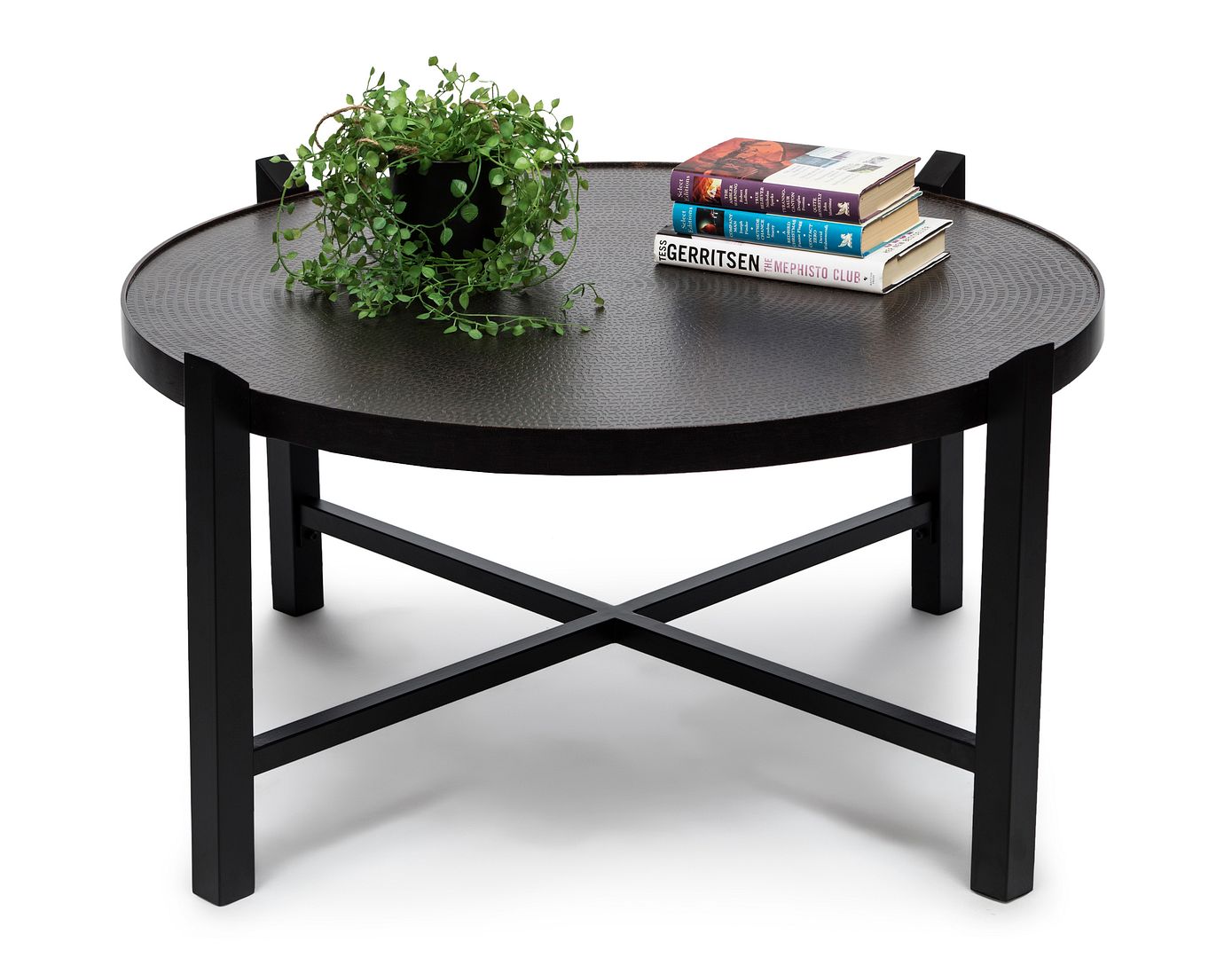 Stylish Ultra Mod Black Round Coffee Table with Copper Finish Engraved Top