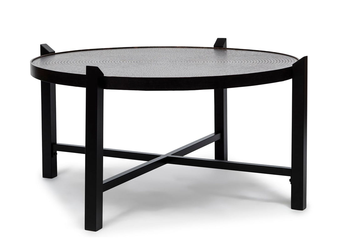 Stylish Ultra Mod Black Round Coffee Table with Copper Finish Engraved Top