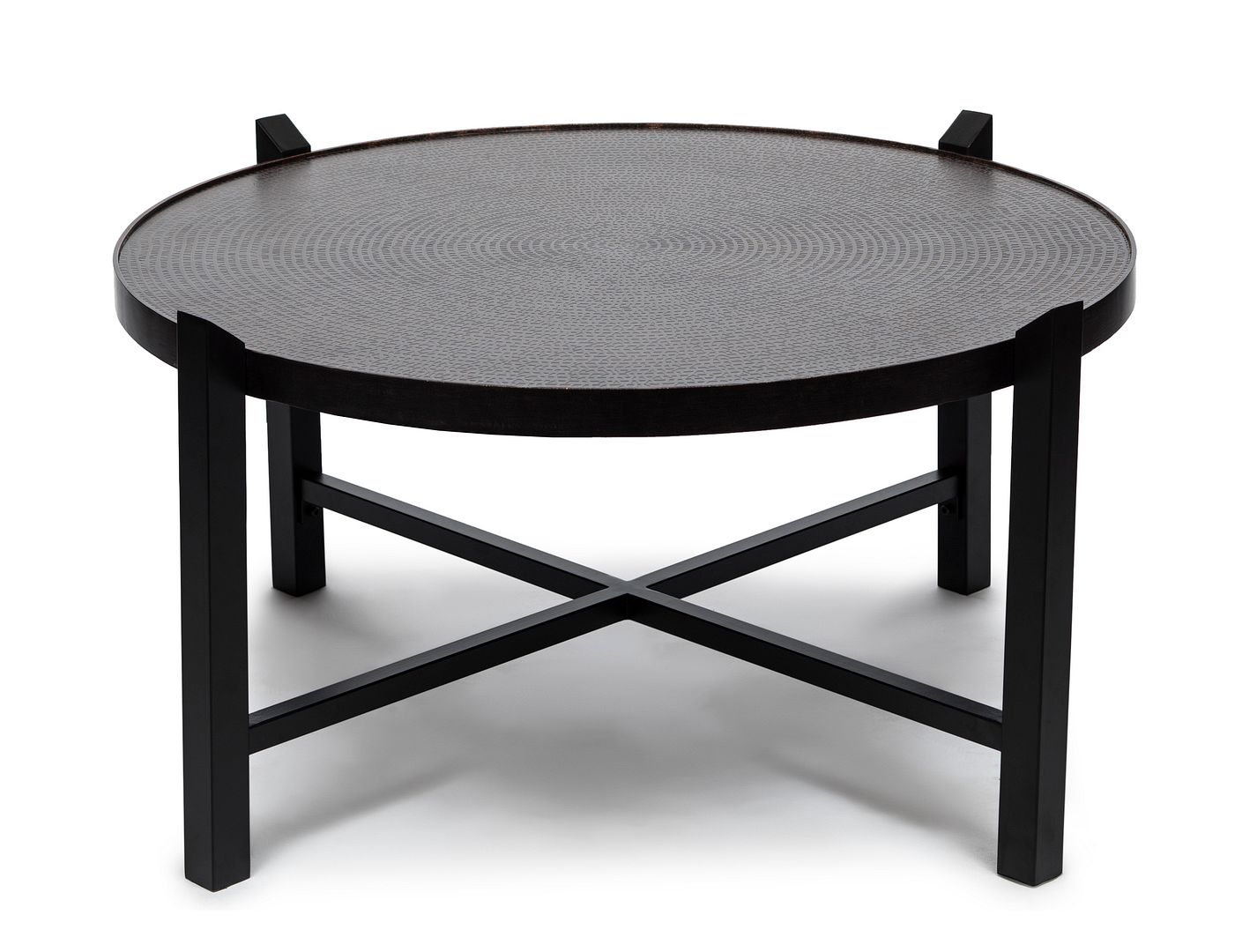 Stylish Ultra Mod Black Round Coffee Table with Copper Finish Engraved Top
