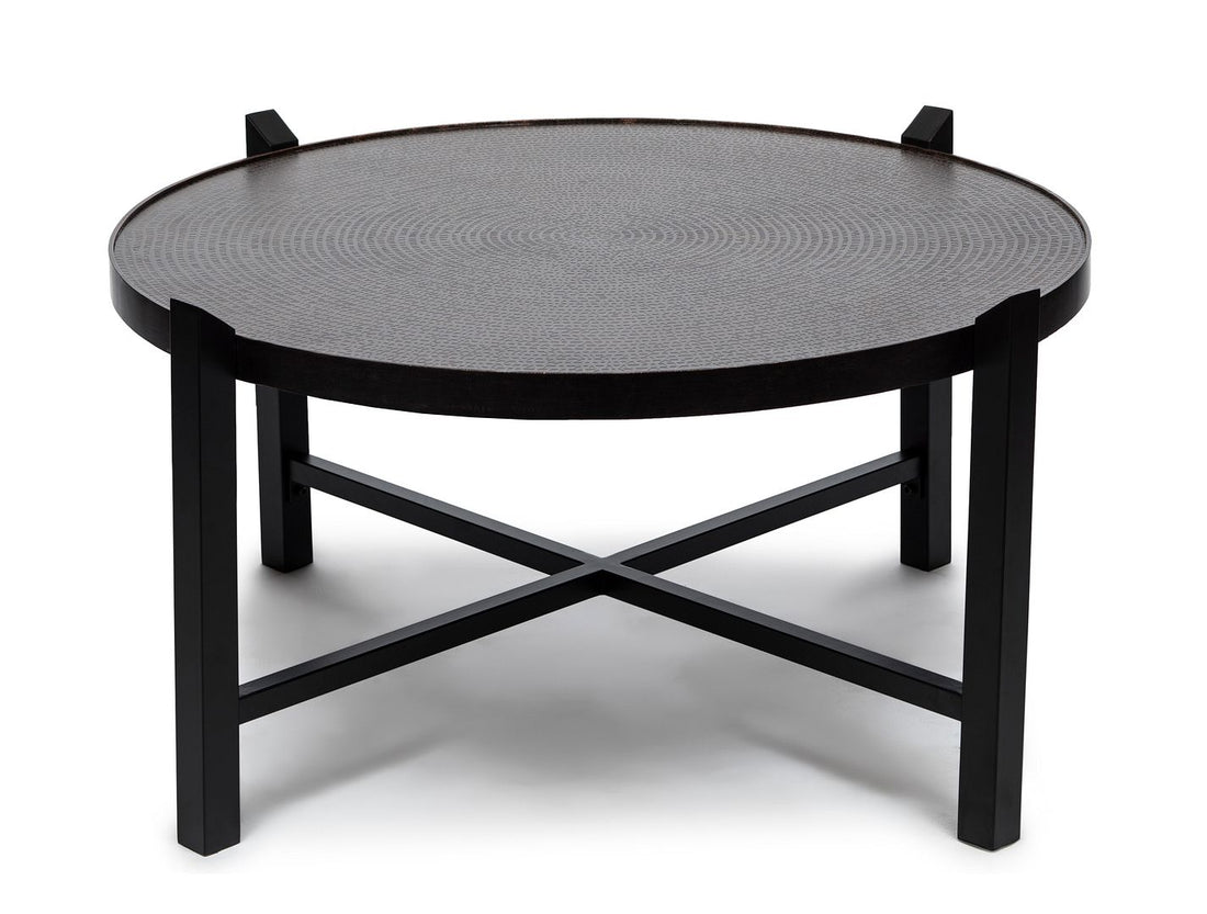 Stylish Ultra Mod Black Round Coffee Table with Copper Finish Engraved Top