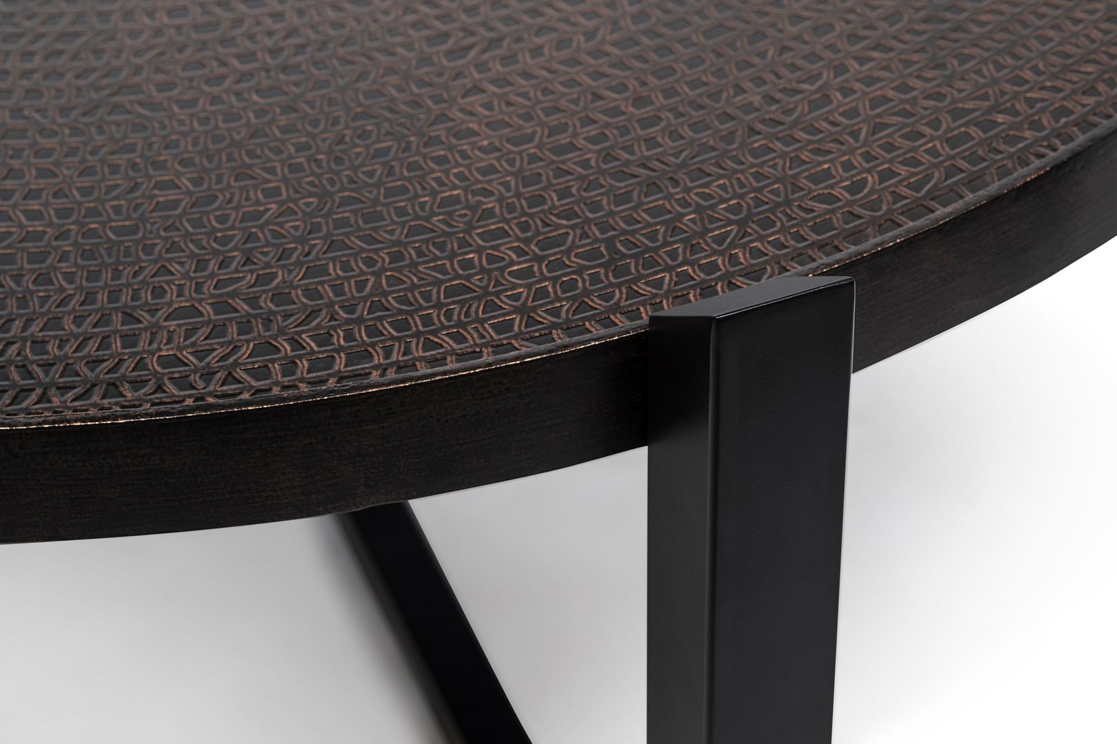 Stylish Ultra Mod Black Round Coffee Table with Copper Finish Engraved Top