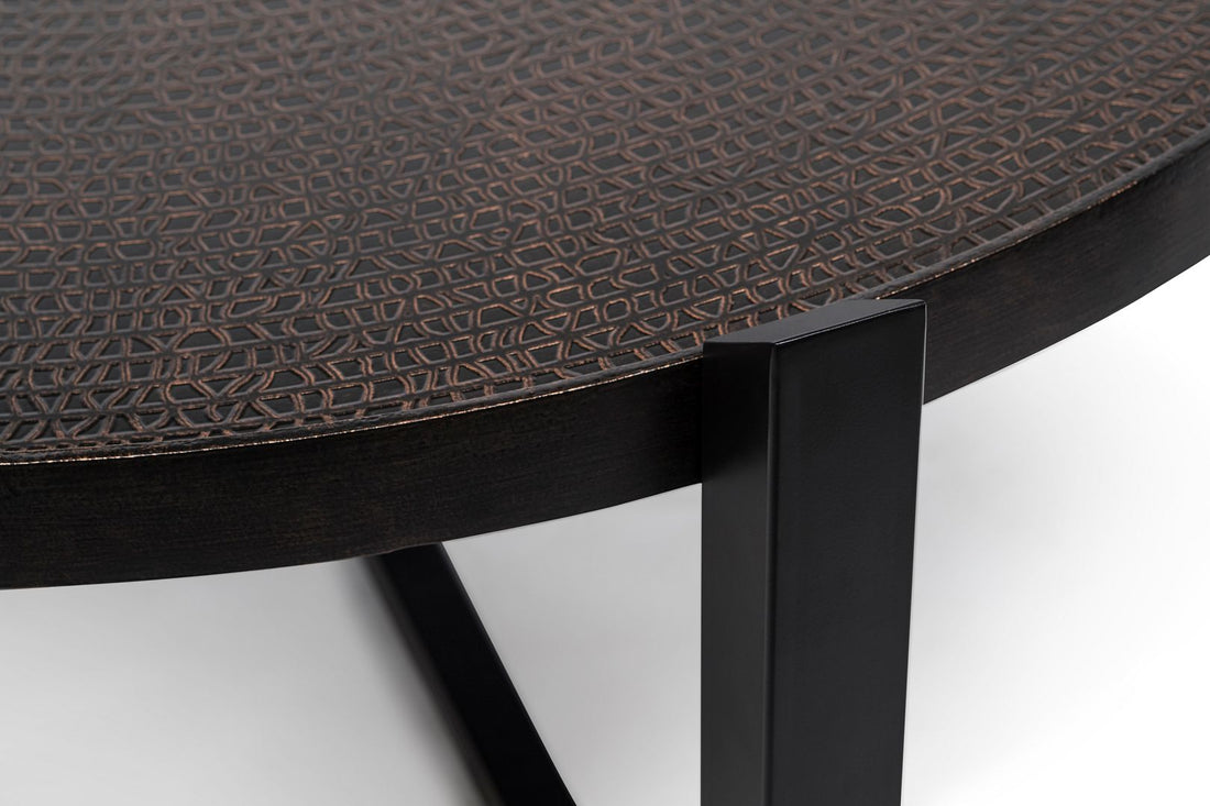Stylish Ultra Mod Black Round Coffee Table with Copper Finish Engraved Top