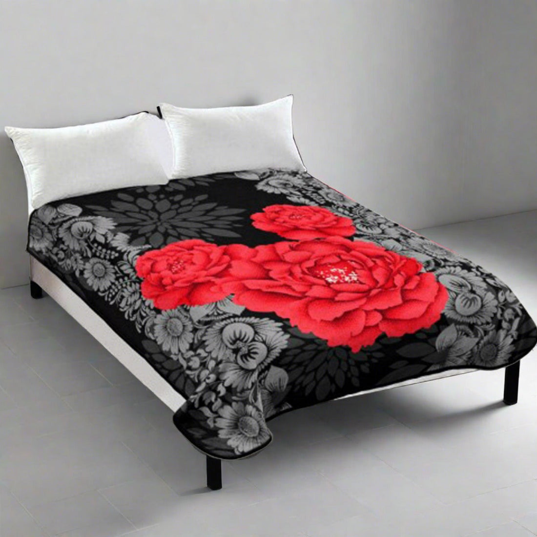 Whitney Throw Soft Blanket 800GSM Luxury Reversible Mink Blanket Red Floral Queen 200 x 240cm - Red Floral
